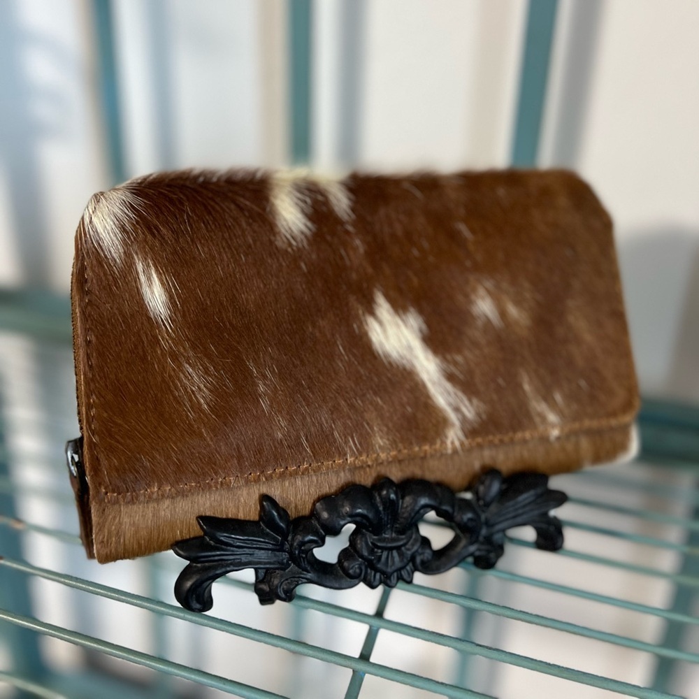 New Unique Brown White Tan Genuine Leather Cowhide Flap Handmade womens Wallet